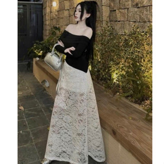 Set đầm áo rớt vai tay dài kèm chân váy ren cực xinh phong cách tiểu thư dễ thương cho nữ đi chơi dự tiệc