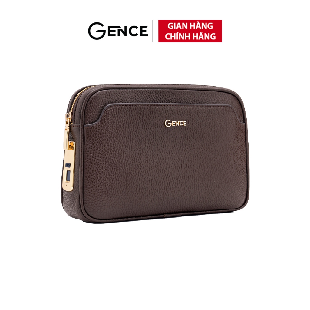 Ví Nam Cầm Tay Clutch Da Hàng Hiệu GENCE RB05 Da Bò Khóa Vân Tay Cao Cấp Màu Nâu