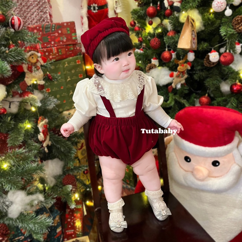  Bodysuit Cho Bé Set 3 Chi Tiết Body Chất Nhung Đỏ Mềm Phối Áo Tay Bồng Len Nhung Trắng Và Mũ Nồi Body Cho Bé 3-11kg 