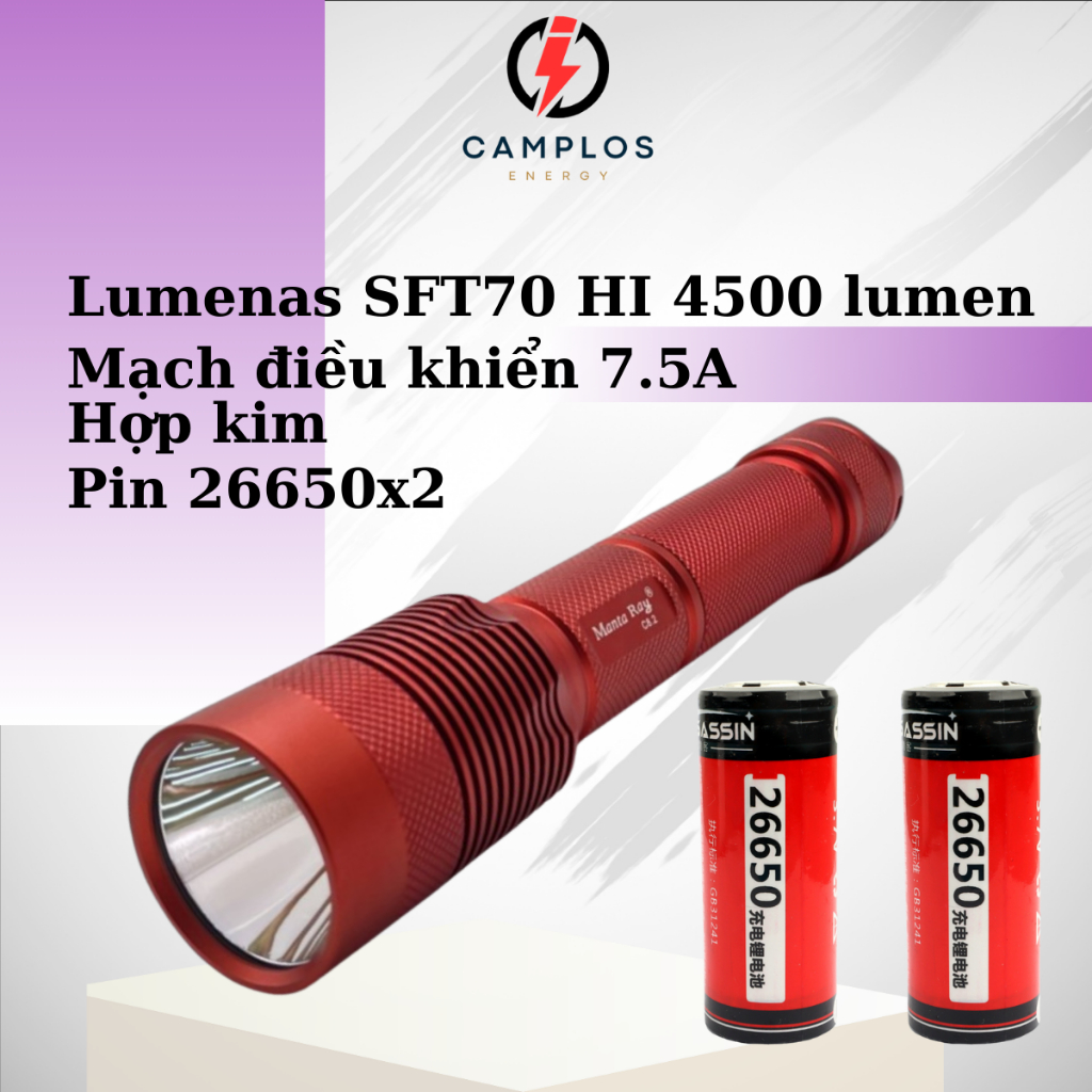 Đèn pin siêu sáng mantaray C8.2 SFT70 đèn bin cầm tay công suất lớn 45W pin 26650 4500 lumen hợp kim