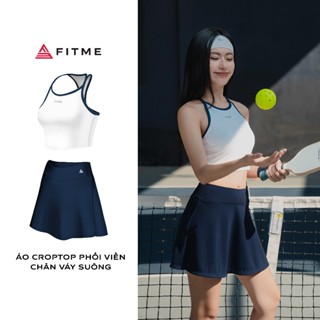 Bộ đồ Pickleball, cầu lông, tennis nữ Fitme áo croptop Trắng viền Navy, chân váy suông Blazer Navy có quần bảo hộ