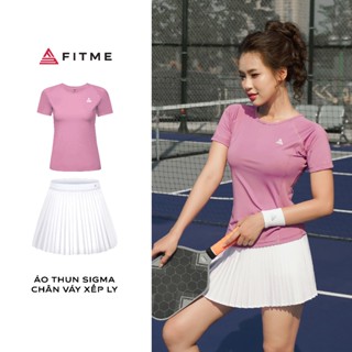 Bộ đồ Pickleball, cầu lông, tennis nữ Fitme áo thun Sigma Hồng Đất, chân váy xếp ly Trắng tôn dáng