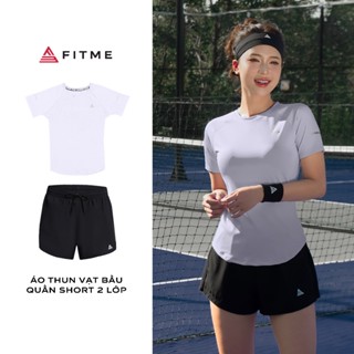 Bộ đồ thể thao nữ Fitme áo thun vạt bầu Tím, quần short 2 lớp Đen năng động thấm hút tốt hỗ trợ tập gym,pickleball
