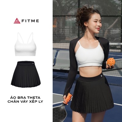 Bộ đồ  Pickleball, cầu lông, tennis nữ Fitme áo bra Theta Trắng, chân váy suông Đen tôn dáng có sẵn quần bảo hộ