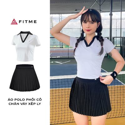 Bộ đồ Pickleball, cầu lông, tennis nữ Fitme áo polo thể thao Trắng cổ Đen, chân váy xếp ly Đen có sẵn quần bảo hộ