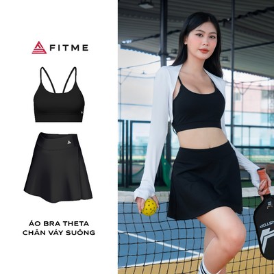 Bộ đồ Pickleball, cầu lông, tennis nữ Fitme áo bra Theta Đen, chân váy suông Đen có sẵn quần bảo hộ