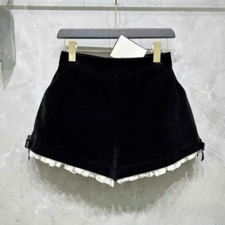 Quần short nhung nữ 2 lớp cạp cao dáng phồng phối viền gấu trắng đính nơ xinh, Quần nhung nữ phong cách Hàn Quốc_067