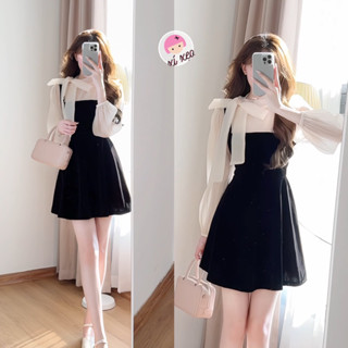 Váy nhung phối tơ tay bồng buộc nơ cổ tiểu thư Hàn Quốc xixeoshop - V32