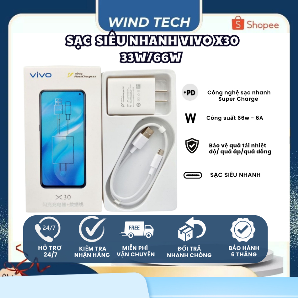 Bộ sạc nhanh Vivo X30 Sạc Siêu Nhanh 66W/33W Cho Vivo. Oppo, Xiaomi, RedMi