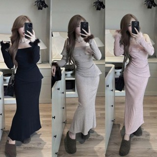 Sét đồ nữ thu đông CAROLINE, thiết kế áo trễ vai dài tay phối lông mix chân váy ôm body tôn dáng