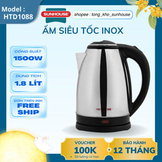 Ấm siêu tốc Inox 1.8L SUNHOUSE Happy Time HTD1088, Chất liệu Inox cao cấp - Bảo hành 12 tháng