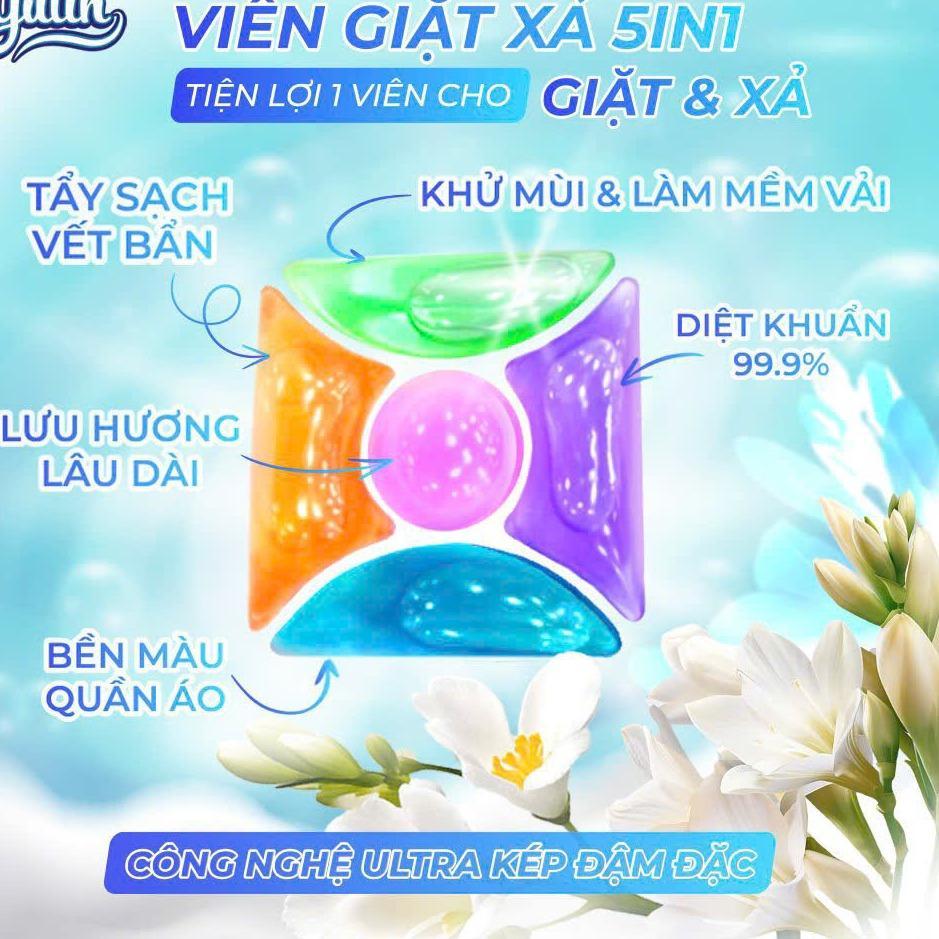 Hộp 35 viên giặt xả 5in1 Yulin CÔNG NGHỆ ULTRA KÉP LƯU HƯƠNG 72 TIẾNG