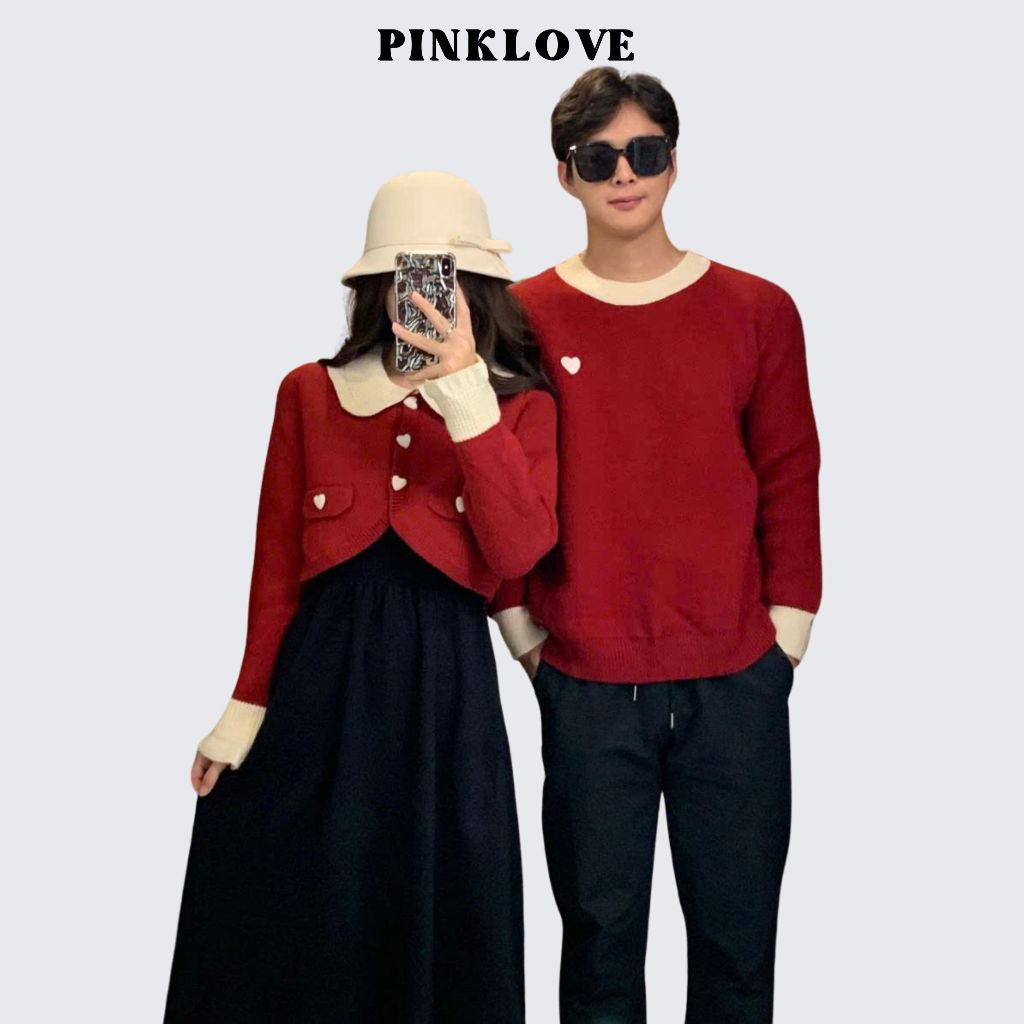 Đồ cặp nam nữ mùa đông PINKLOVE áo len nam dài tay áo nữ croptop màu đỏ phối trắng kèm váy nữ P229