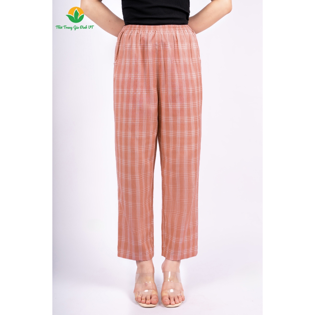 Quần dài nữ ống rộng chất Cotton dáng suông họa tiết caro thời trang Việt Thắng - Q06.2411