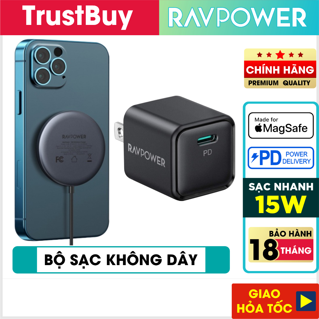  Bộ Đế Sạc Không Dây Magsafe Nam Châm 15W RAVPower RP-WC012 Kèm Củ Sạc Type C 20W Cho iPhone 15 iP14 iP13 iP12 
