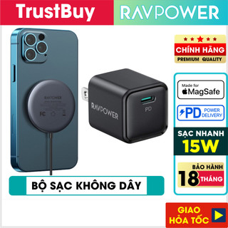  Bộ Đế Sạc Không Dây Magsafe Nam Châm 15W RAVPower RP-WC012 Kèm Củ Sạc Type C 20W Cho iPhone 15 iP14 iP13 iP12 