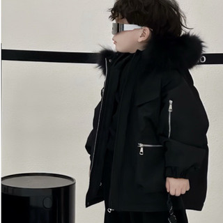Áo khoác parka đen lót lông ấm mũ có lông xù đen có thể tháo lắp cho bé trai và bé gái.