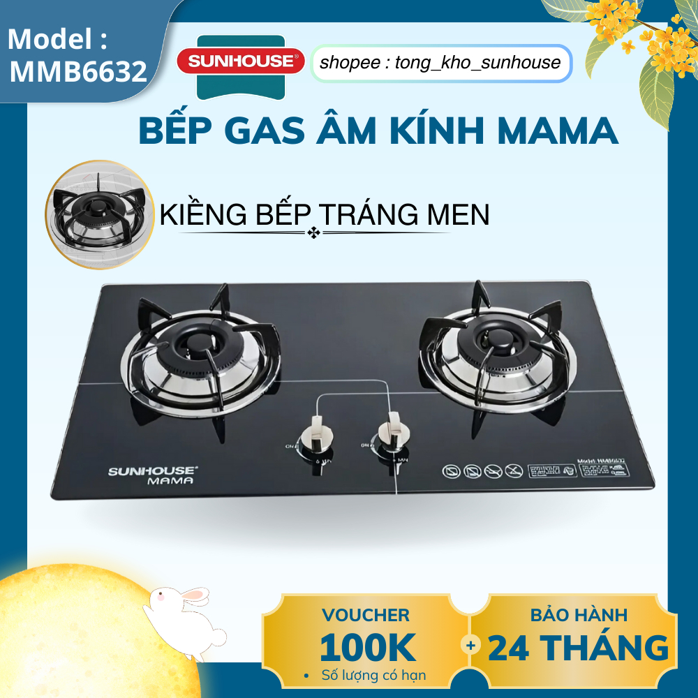Bếp gas âm kính Sunhouse Mama MM6632 siêu tiết kiệm gas - Mặt kính chịu nhiệt - An toàn tuyệt đối
