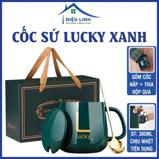  Cốc Sứ Lucky 380ml Màu Xanh – Kèm Nắp Thìa Mạ Vàng và Hộp Quà – Ly Sứ Uống Cà Phê Trà Sang Trọng Dieulinhshop 