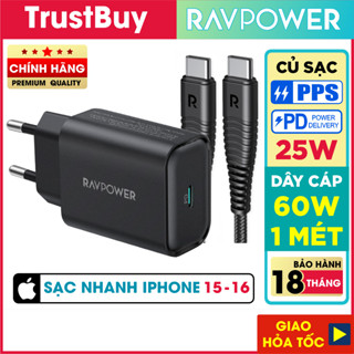 Combo Củ Sạc Nhanh 25W Type C PD 3.0 & QC 3.0 RAVPower RP-PC156 và Cáp Type C 60W Dài 1M RP-CB047 - Hàng Chính Hãng