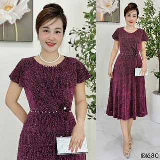 Đầm midi trung niên dáng chữ A, dự tiệc sang trọng vải thun nhũ cao cấp đính đá, tặng mẹ co giãn tốt bigsize M680