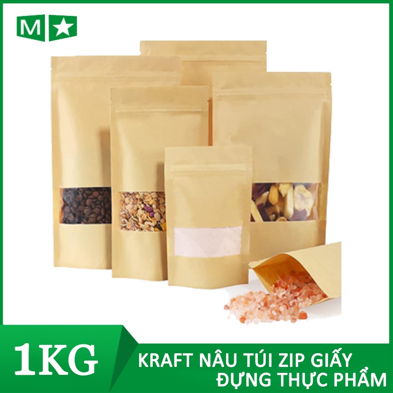 [1KG] Túi giấy kraft có cửa sổ cái Túi Zip Giấy Kraft Nâu Túi Zip Giấy Đựng Thực Phẩm