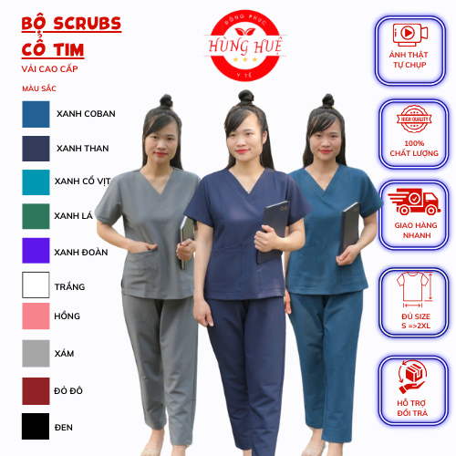 Bộ scrubs bác sĩ cổ tim - bộ blue đồng phục kỹ thuật viên, điều dưỡng, hộ lý, spa chất phổ thông Chất Vải Lon