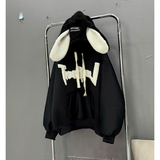 Áo hoodie mũ lông tai thỏ đen chữ thêu LOSRT form rộng freesize phong cách trẻ trung năng động