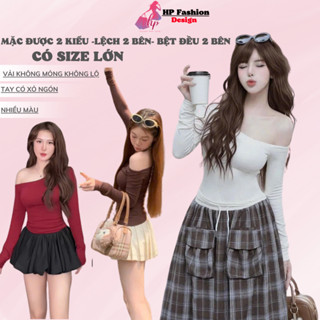 Áo thun lệch trễ hở vai body dài tay, áo kiểu nữ màu đen trắng đỏ co giãn mùa hè mùa đông noel tết tôn dáng  HP5