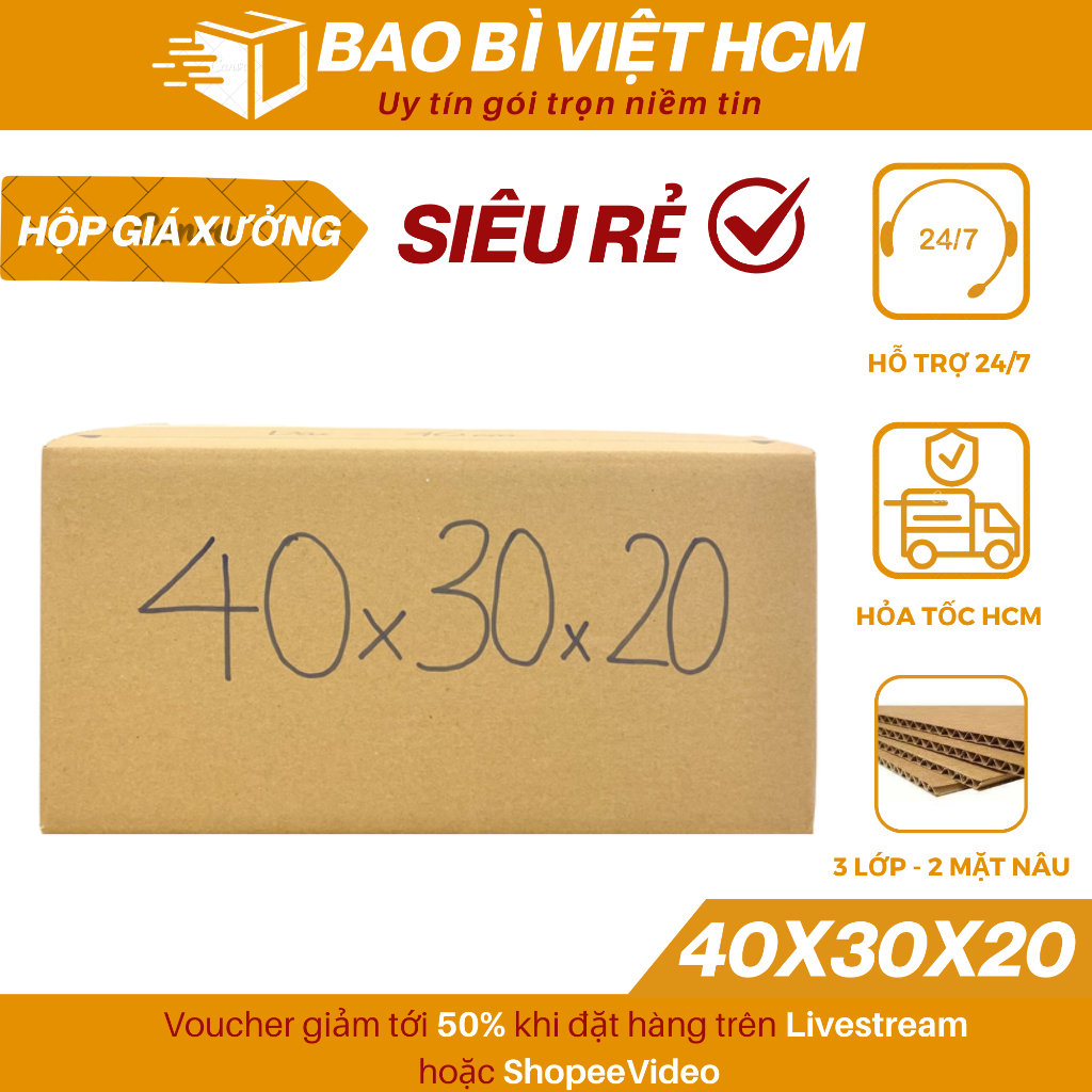 Combo 10 40x30x20 Hộp carton đóng hàng, thùng carton chuyển nhà, văn phòng giá rẻ - Bao Bì Việt HCM