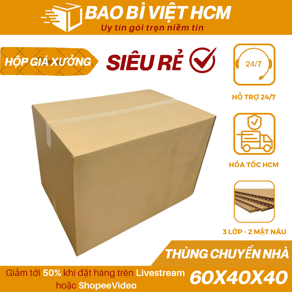 HỎA TỐC 60x40x40 Hộp đóng hàng, thùng carton lớn chuyển nhà, đựng đồ giá xưởng - Bao Bì Việt HCM