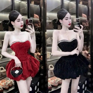  Đầm nhung kim tuyến cúp ngực váy bí phồng kem lót quyến rủ    đính đá quanh ngực   