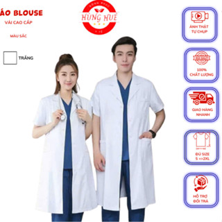 Áo Blouse trắng dáng dài cộc tay áo lab cho bác sĩ, dược sĩ, spa, thẩm mỹ hàng cao cấp