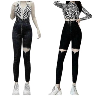 Quần Jean Nữ Phom Ôm Đen Muối Tiêu Rách Đùi, Tua Lai Kiểu Lưng Cao, Co Dãn Mạnh