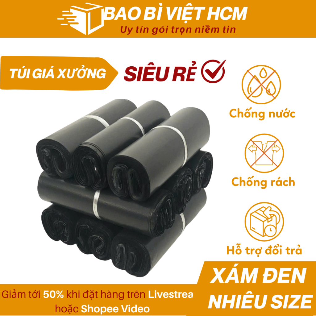 Túi Niêm Phong Màu Đen Xám Nhiều size, Túi Niêm Phong Chống Nước, Túi Đóng Gói Hàng PE 3 Lớp