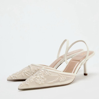 Giày cao gót Z mũi nhọn vải lưới thêu hoa dịu dàng đế cao mảnh 5cm phong cách tiểu thư Mary Jane #8326