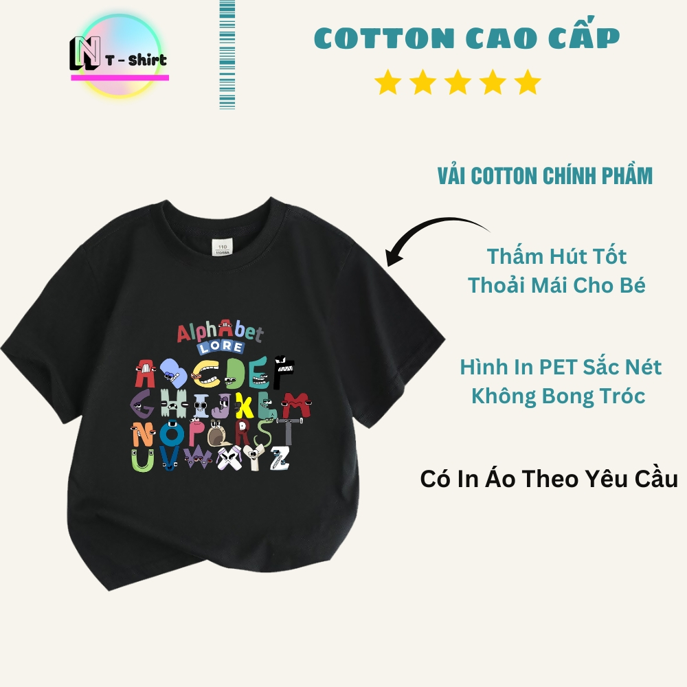 Áo thun cho bé trai và bé gái in hình ALPHABET LORE dễ thương, chất liệu cotton mềm mịn thoáng mát N