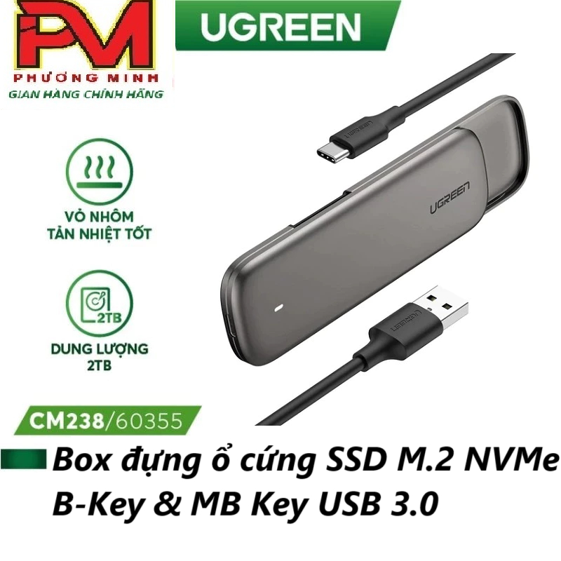 Hộp box đựng ổ cứng SSD M.2 NVMe B-Key & MB Key USB 3.0 cao cấp Ugreen 60355 - Hàng chính hãng