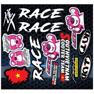 tem sticker gấu dâu chữ race chất liệu siêu bóng dán lên xe máy, đạp điện ...6 6 6