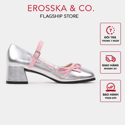 Erosska - Giày cao gót nữ mũi tròn phối nơ phong cách dễ thương cao 5cm màu đen - EP018