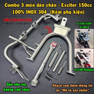Combo 3 món dàn chân INOX 304 xe Exciter 150 (Ex150), gồm: Gác chân máy -chống đứng -chống nghiêng (kèm phụ kiện đầy đủ)