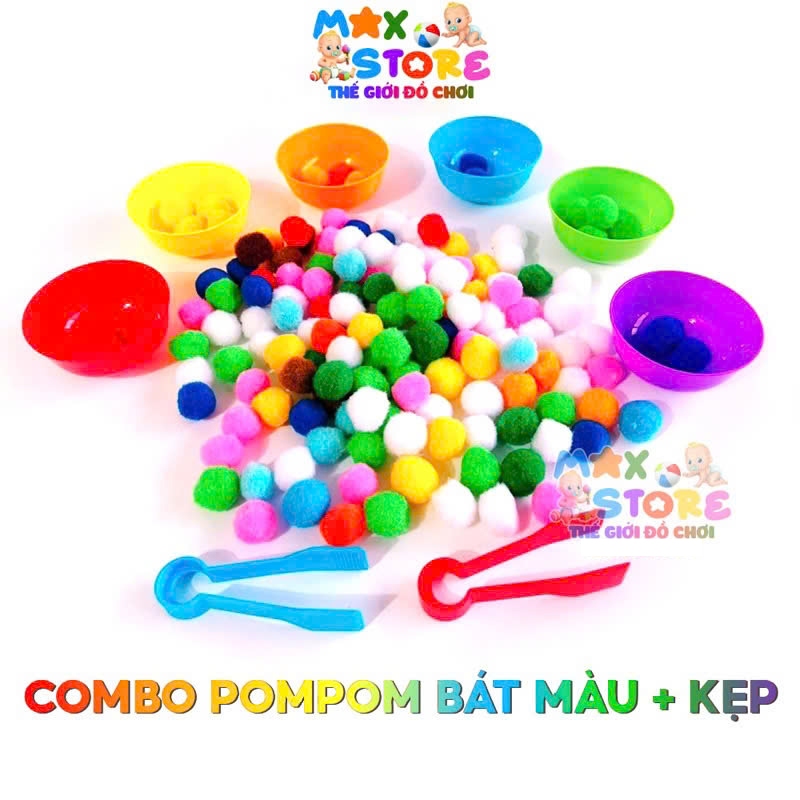 SET 6 BÁT + 2 KẸP PHÂN LOẠI MÀU SẮC TẬP GẮP HẠT POMPOM  HẠT NHỰA