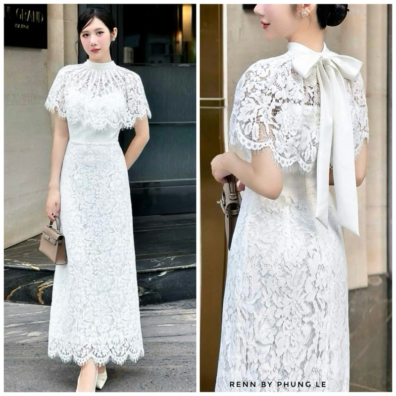 Set Váy Đầm Ren Maxi Trắng Ren Hoa Nổi Kèm Áo Khoác Kiểu Hàng Thiết Kế - XT.Fashion