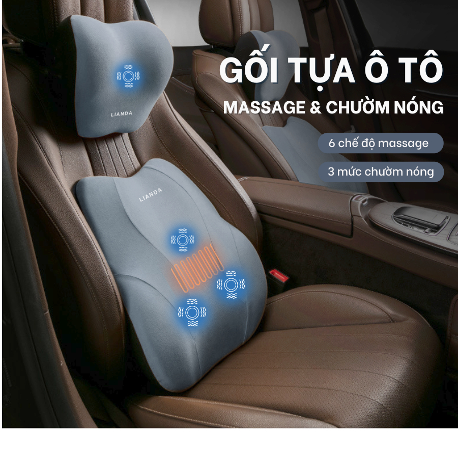 Gối Tựa Đầu, Tựa Lưng Massage Chườm Nóng  Ô Tô Cao Cấp LIANDA, 6 Chế Massage Thư Giãn, Ruột Cao Su Non Êm.