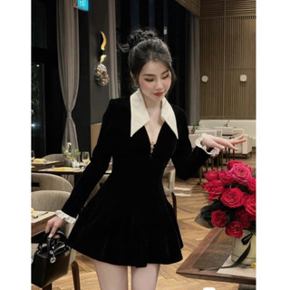 [SIÊU HOT] Váy nhung tiểu thư phối cổ lá váy tuyết mưa đính khuy bọc phối tay bèo đi chơi dự tiệc đều xinh