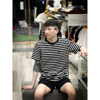 Áo thun nam tạo kiểu phối viền áo , kẻ sọc ngang , chất vải cotton co dãn bốn chiều
