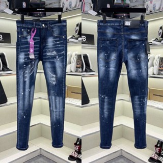 Quần jean bò nam DSQ slimfit xanh bạc wash rách vá trần chỉ nhăn 3D vảy sơn tag mác hồng boy phố QJ627P