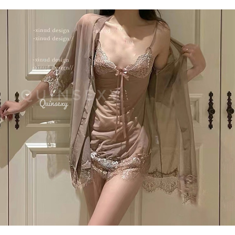 Set Váy Ngủ 2 Dây Sexy Xuyên Thấu Gợi Cảm Ren Cao Cấp Kèm Áo Choàng VN054 | BigBuy360 - bigbuy360.vn