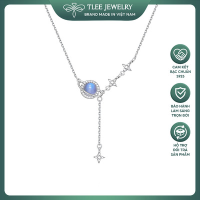 Dây chuyền bạc nữi TLEE mặt hành tinh đá moonstone xanh mix tua ánh sao TLEEJEWELRY D0322