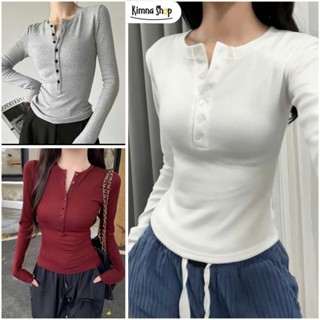 Áo Thun Tăm Thỏ Tay Dài Phối Cúc Ôm Body Tôn Dáng